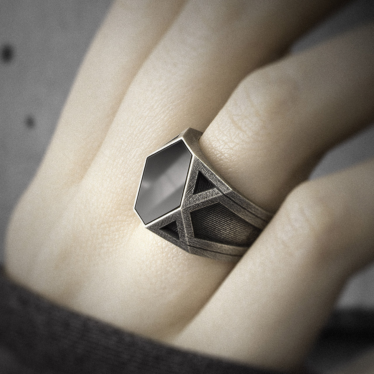 Futuristic Black Onyx Statement Men's Ring, Cyber-Brutalist Design