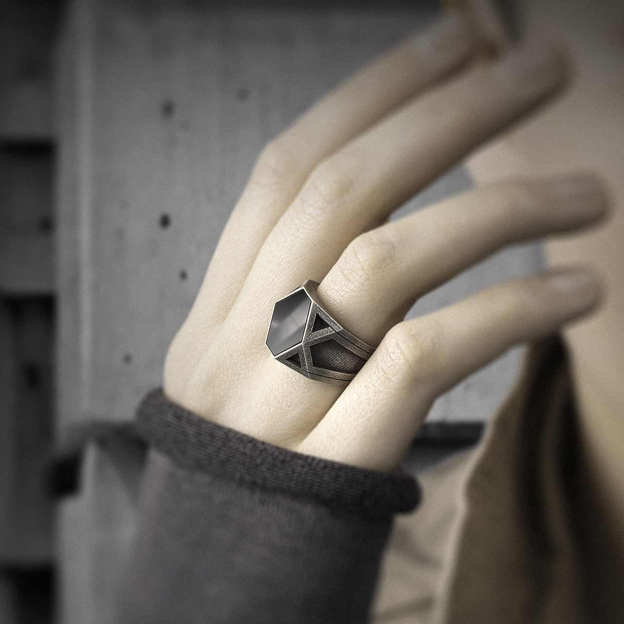 Futuristic Black Onyx Statement Men's Ring, Cyber-Brutalist Design