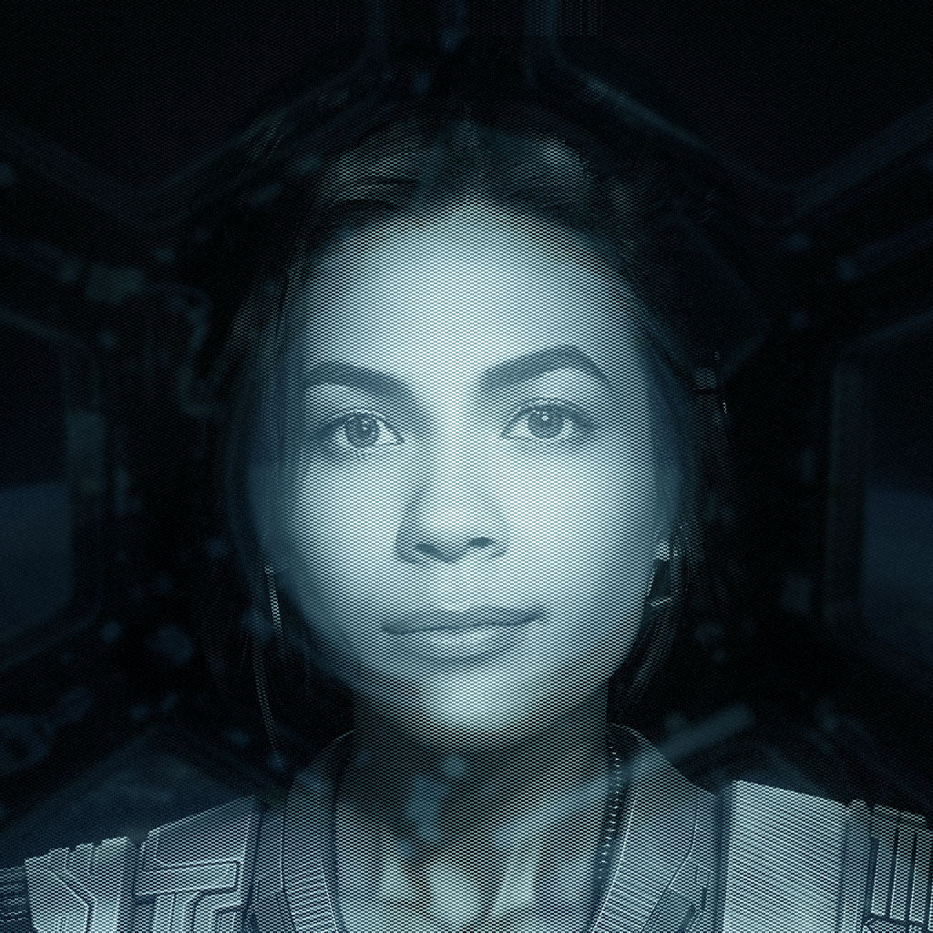 Avatar of Mia Multimind. Portrait of a young handsome woman in hologram-style.